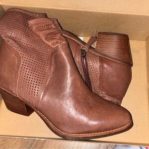 Sofft Brown Perforated Leather Ankle Booties with Block Heel